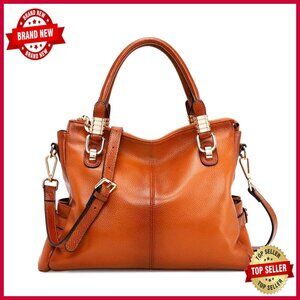 Large Genuine Leather Satchel Tote with Adjustable Strap, Multi-Pocket Design
